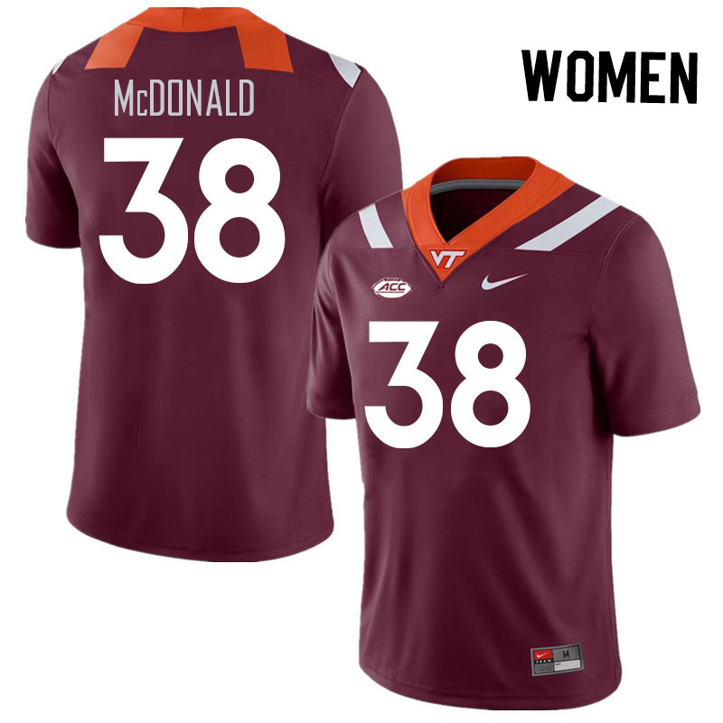 Women #38 Jayden McDonald Virginia Tech Hokies College Football Jerseys Stitched Sale-Maroon - Click Image to Close